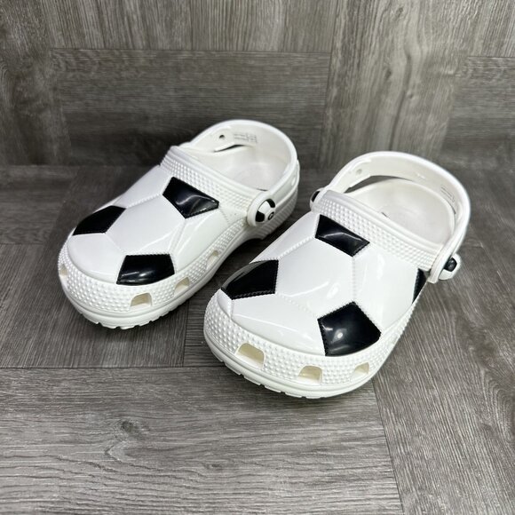 CROCS Classic Kids size 10 White Black Soccer Themed Clogs - Picture 3 of 8